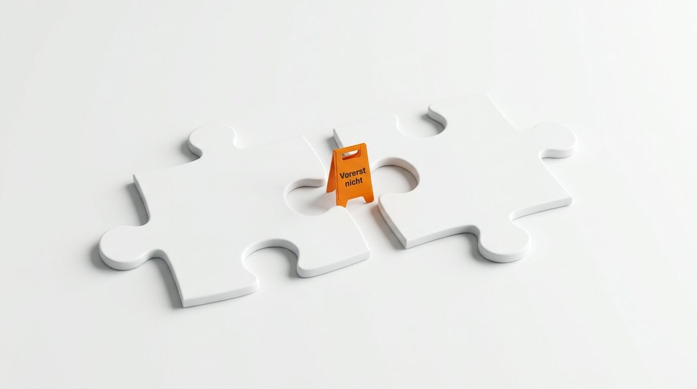 Zwei unverbundene, weiße Puzzleteile mit einem orangefarbenen Aufsteller „Vorerst nicht“ dazwischen