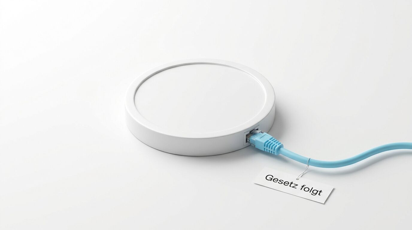 Weißes Rundgerät mit blauem LAN-Kabel und Anhänger „Gesetz folgt“