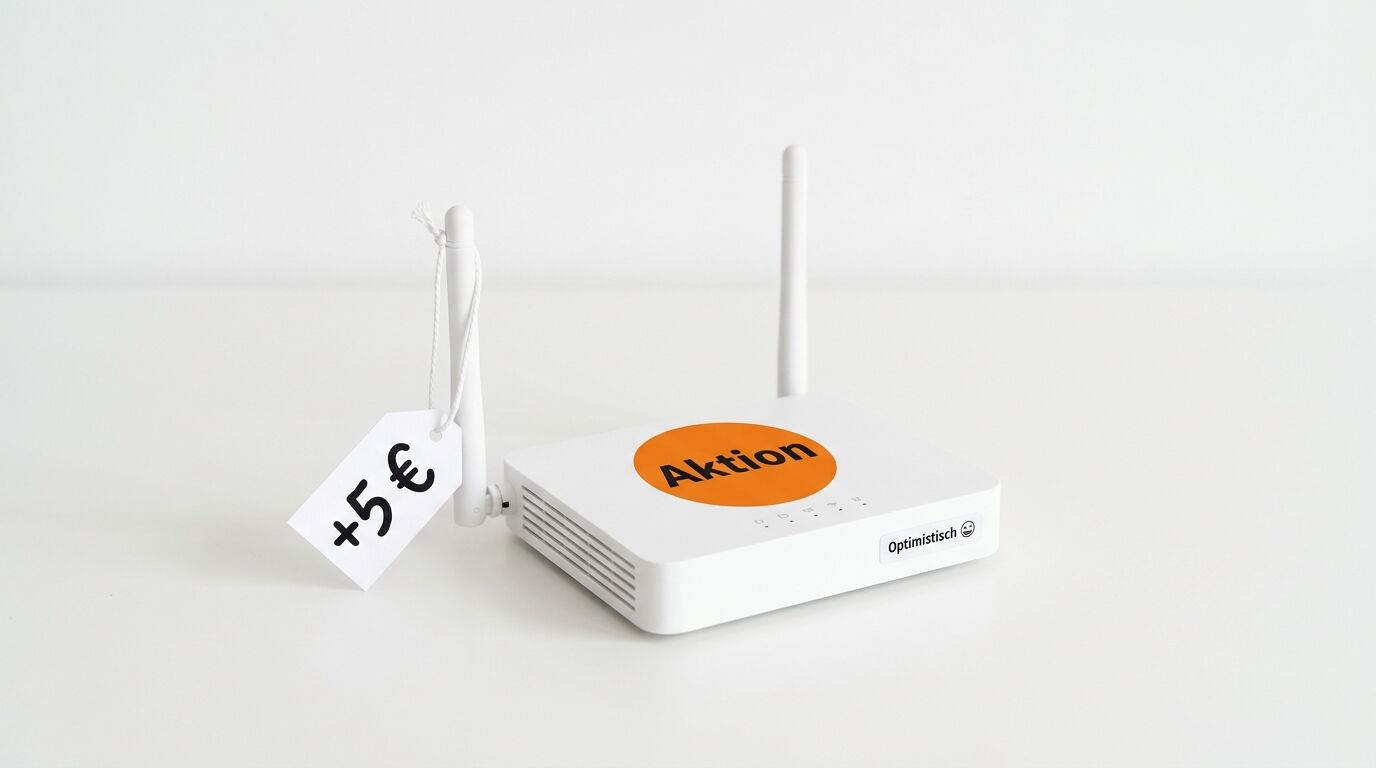 Ein weißer Router mit orangem „Aktion“-Aufkleber und einem Anhänger mit „+5 €“ vor hellem Grund