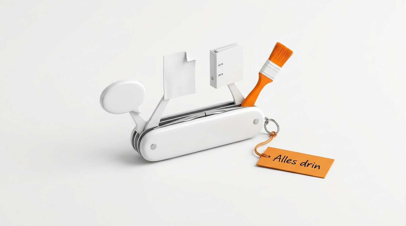 Schweizer Taschenmesser mit Symbolen, orangefarbenem Pinsel und einem Anhänger