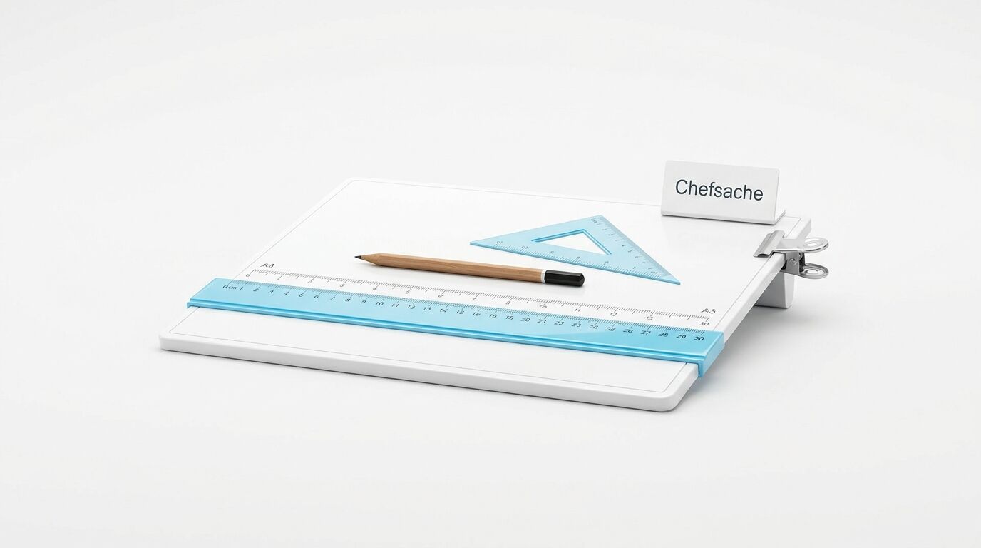 Zeichenbrett mit Lineal, Dreieck, Stift, Klammer und Schild „Chefsache“ auf weißem Grund