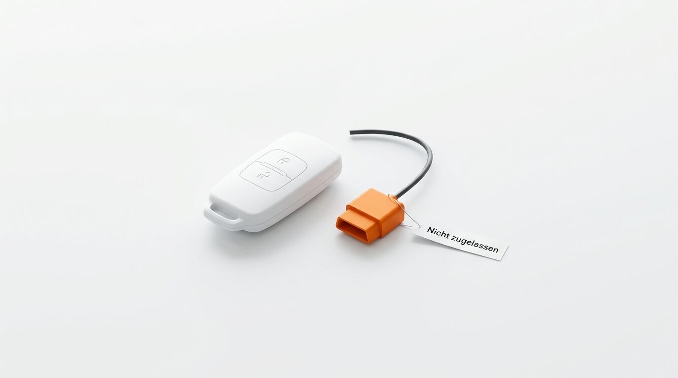 Weißer Funkschlüssel neben orangefarbenem Dongle mit Anhänger „Nicht zugelassen“