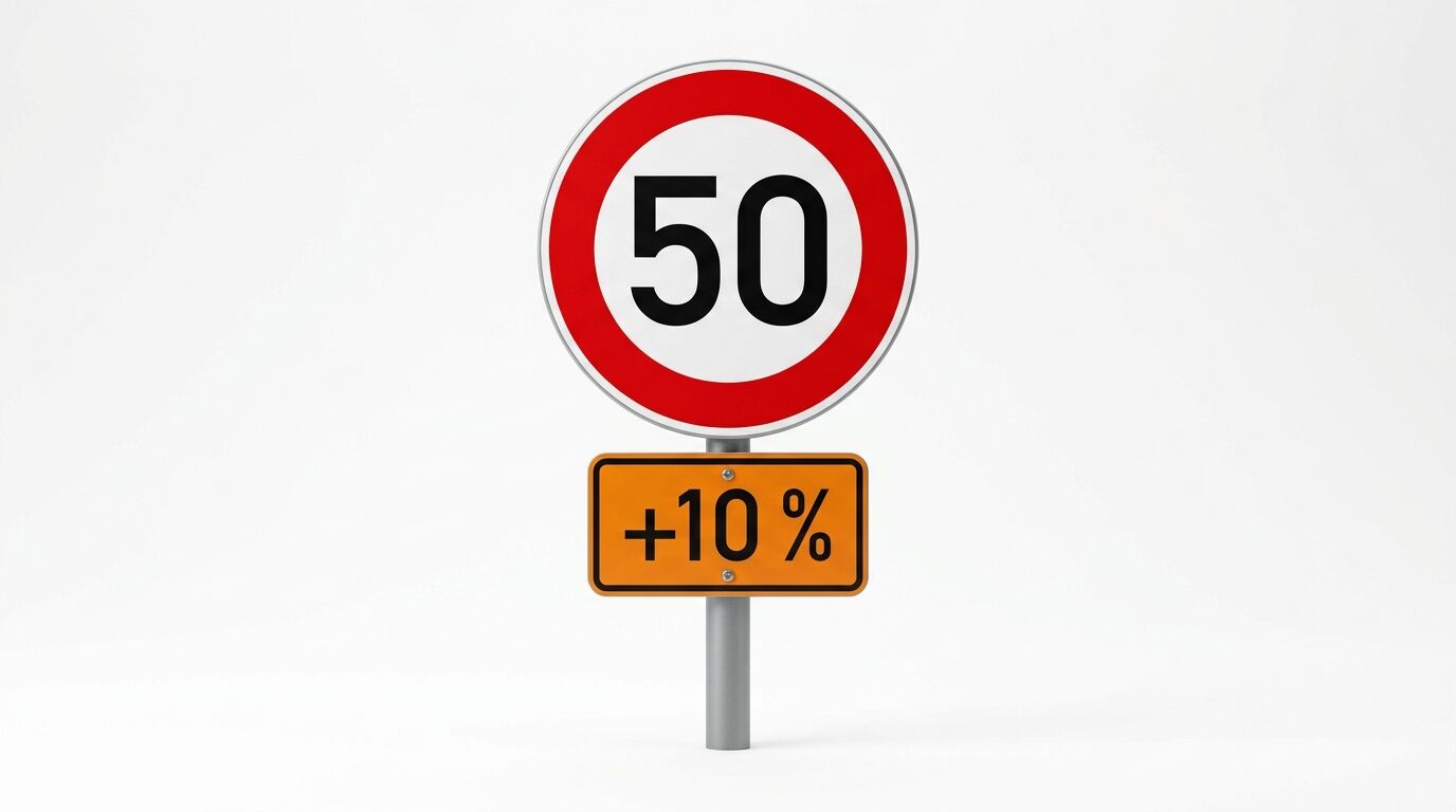 Verkehrsschild '50' mit orangefarbenem Zusatzschild '+10%'