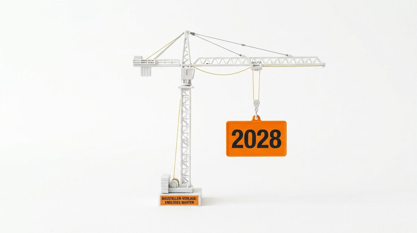 Modell-Baukran mit einem orangefarbenen Schild, auf dem „2028“ steht, auf weißem Hintergrund
