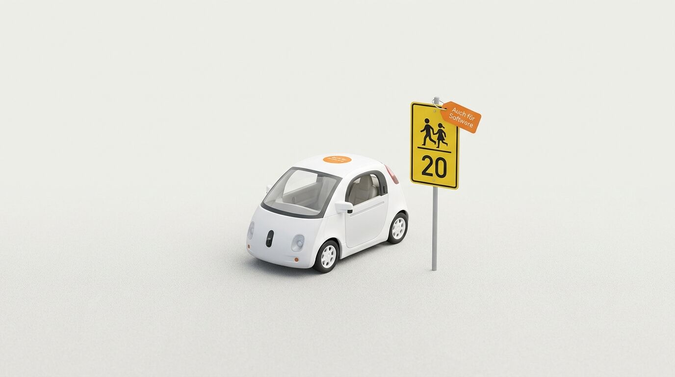 Weißes Modellauto und gelbes Verkehrsschild „20“ mit orangem Aufkleber vor weißem Hintergrund