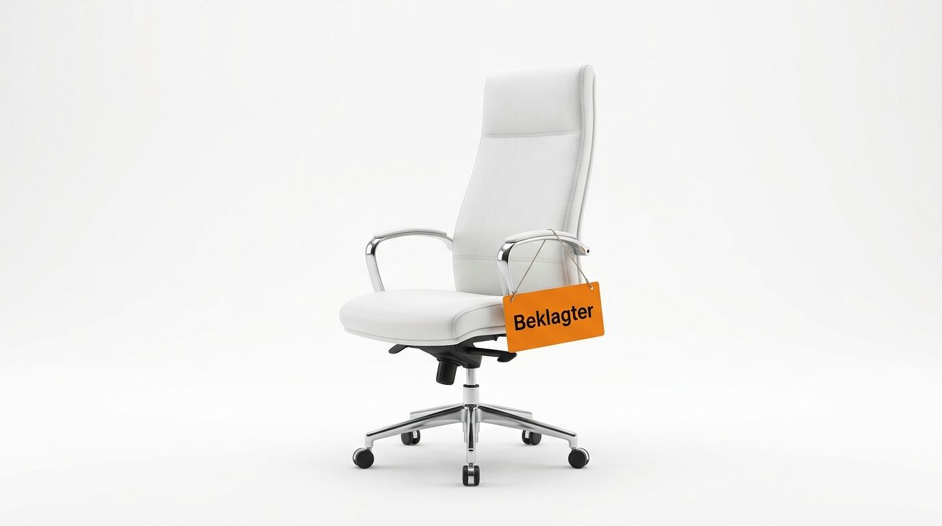 Ein weißer Bürostuhl vor weißem Hintergrund mit einem orangen Schild „Beklagter“ an der Lehne