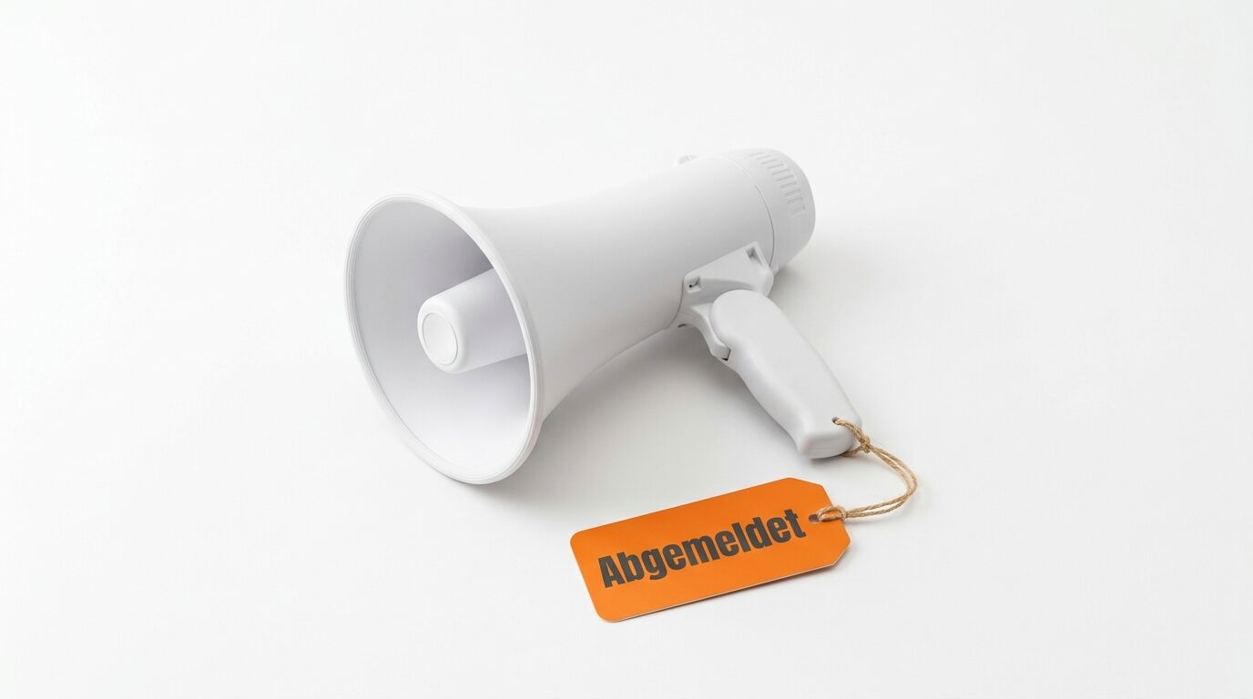Weißes Megafon mit orangefarbenem Anhänger und Aufschrift „Abgemeldet“