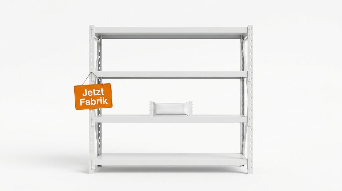 Weißes Regal, Schild „Jetzt Fabrik“ links, ein verpackter Artikel mittig