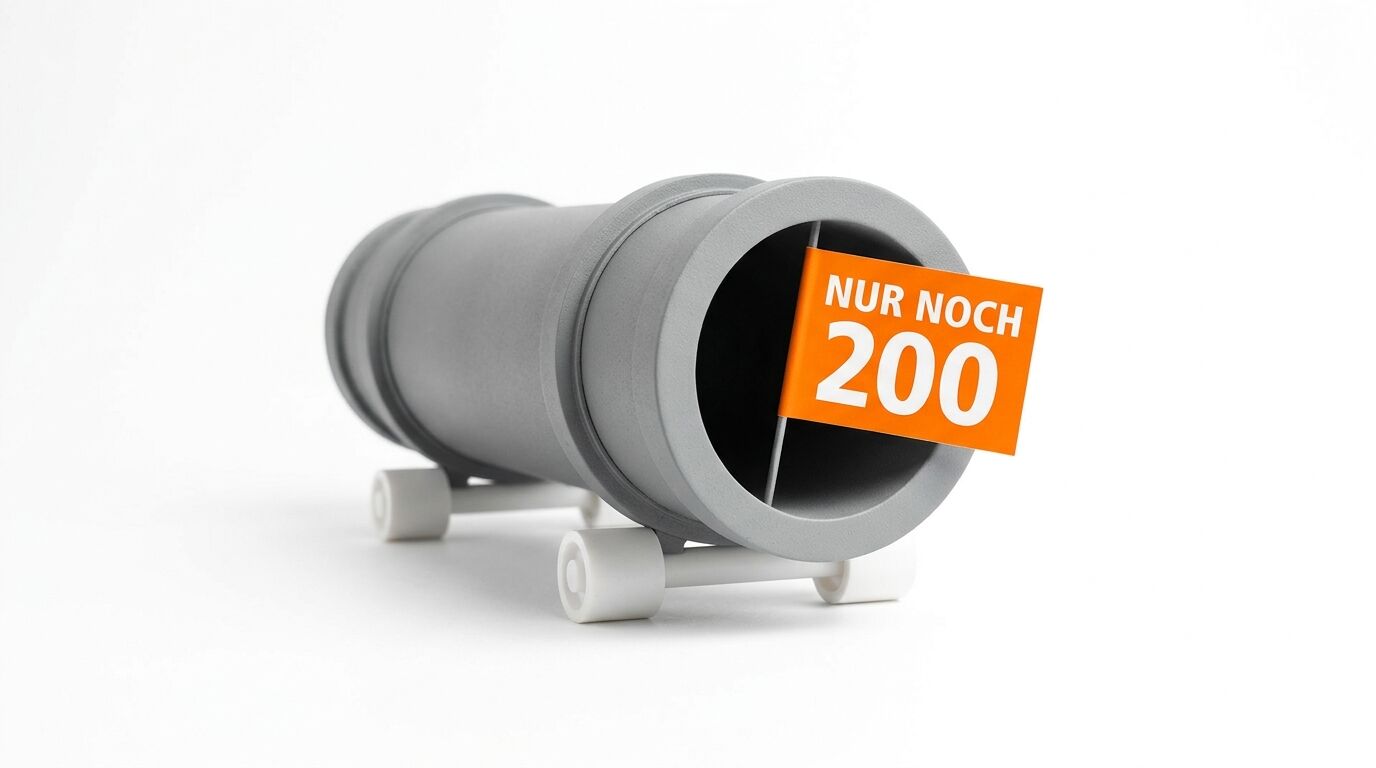 Ein graues Rohr auf weißen Rollen mit oranger Fahne und weißer Aufschrift „NUR NOCH 200“