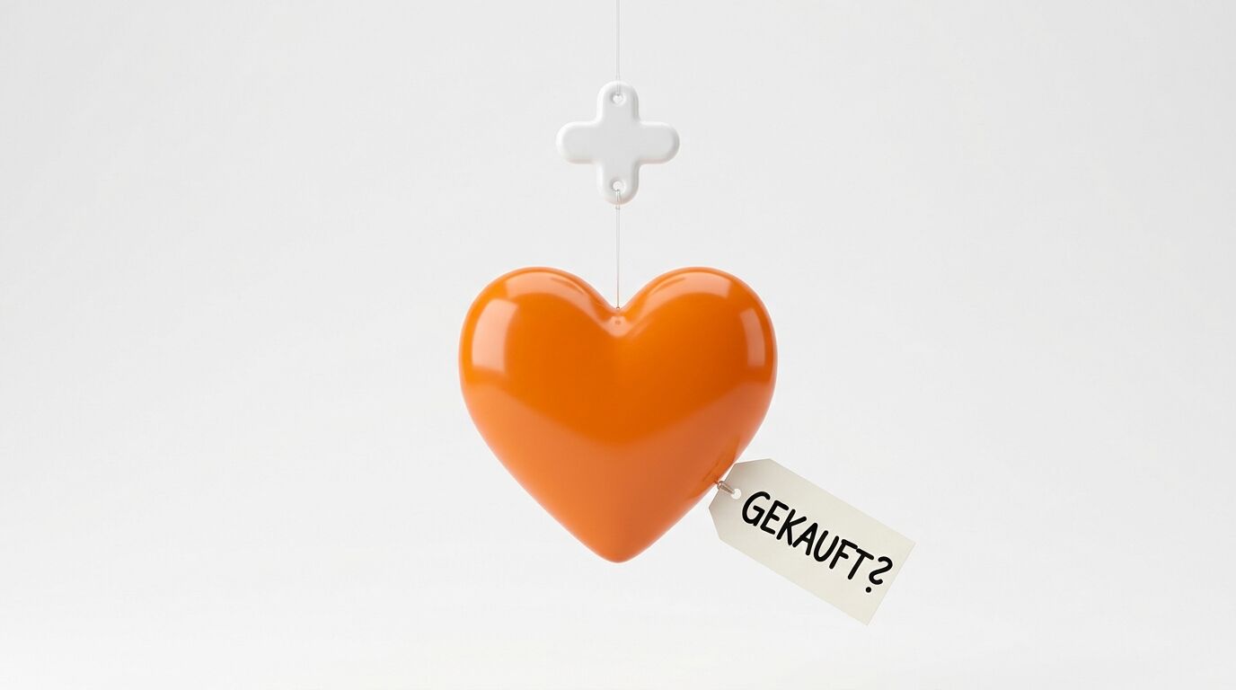 Orangefarbenes Herz am Faden mit weißem Kreuz und Etikett „GEKAUFT?“