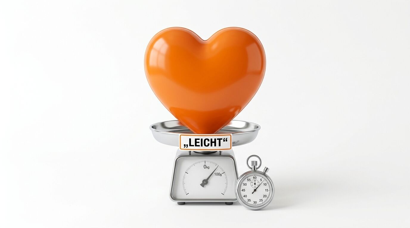 Orangefarbenes Herz auf Waage mit Aufschrift „LEICHT“ und Stoppuhr auf weißem Grund