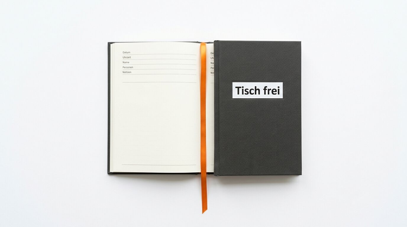 Schwarzes Notizbuch, links beschriftete Seiten, rechts Schild 