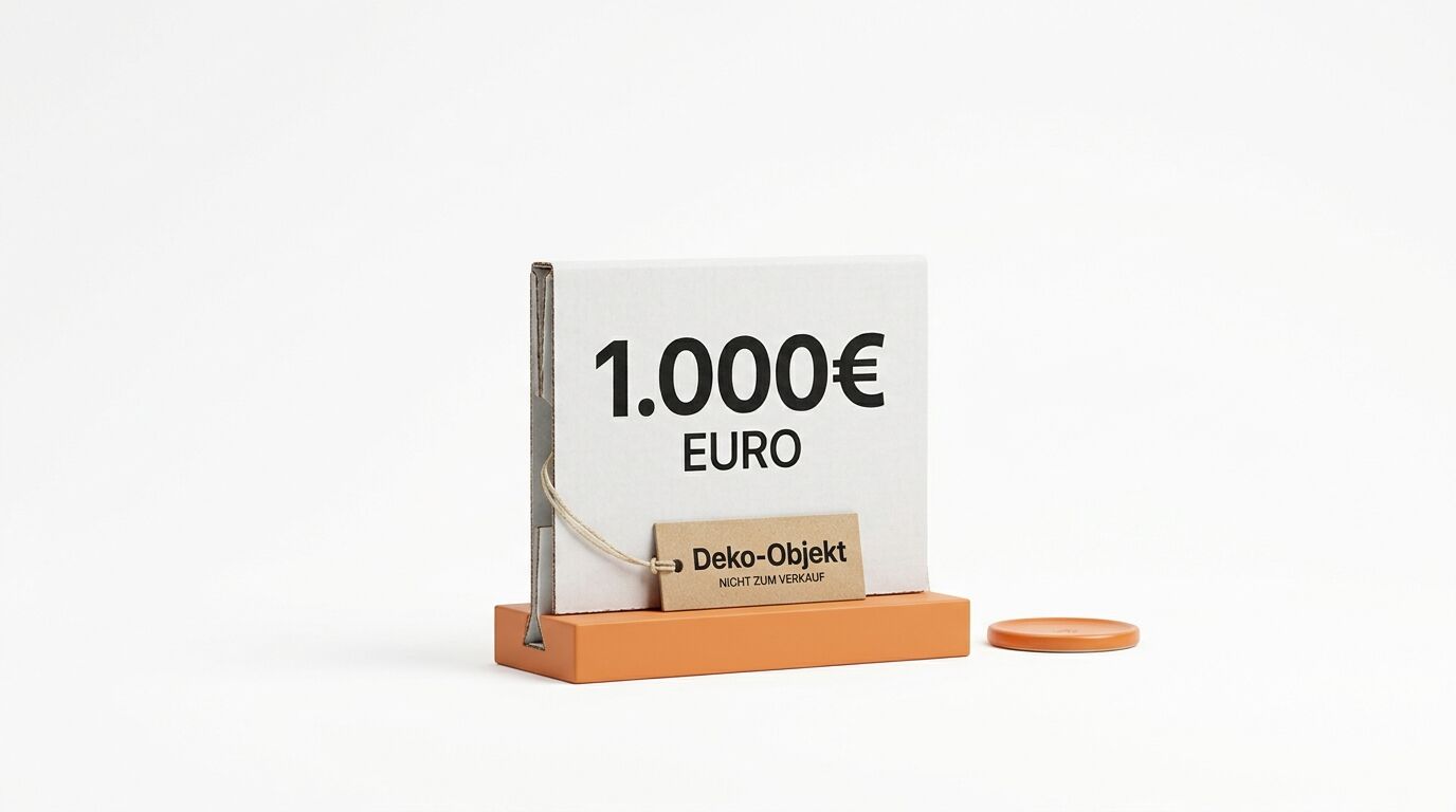 Kartonaufsteller mit Aufdruck „1.000€ EURO“ und Anhänger „Deko-Objekt“ auf orangefarbenem Sockel