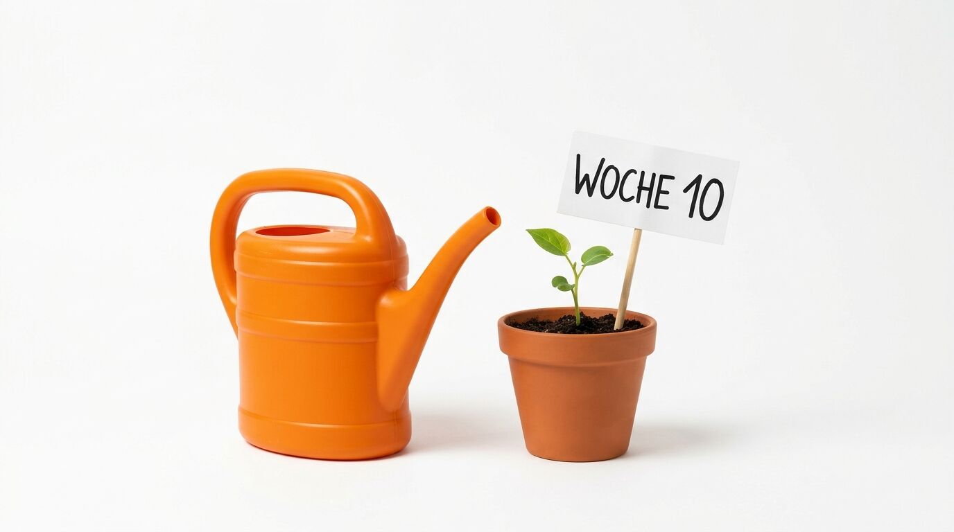 Orange Gießkanne neben Tontopf mit Pflanze und Schild „WOCHE 10“ auf Weiß