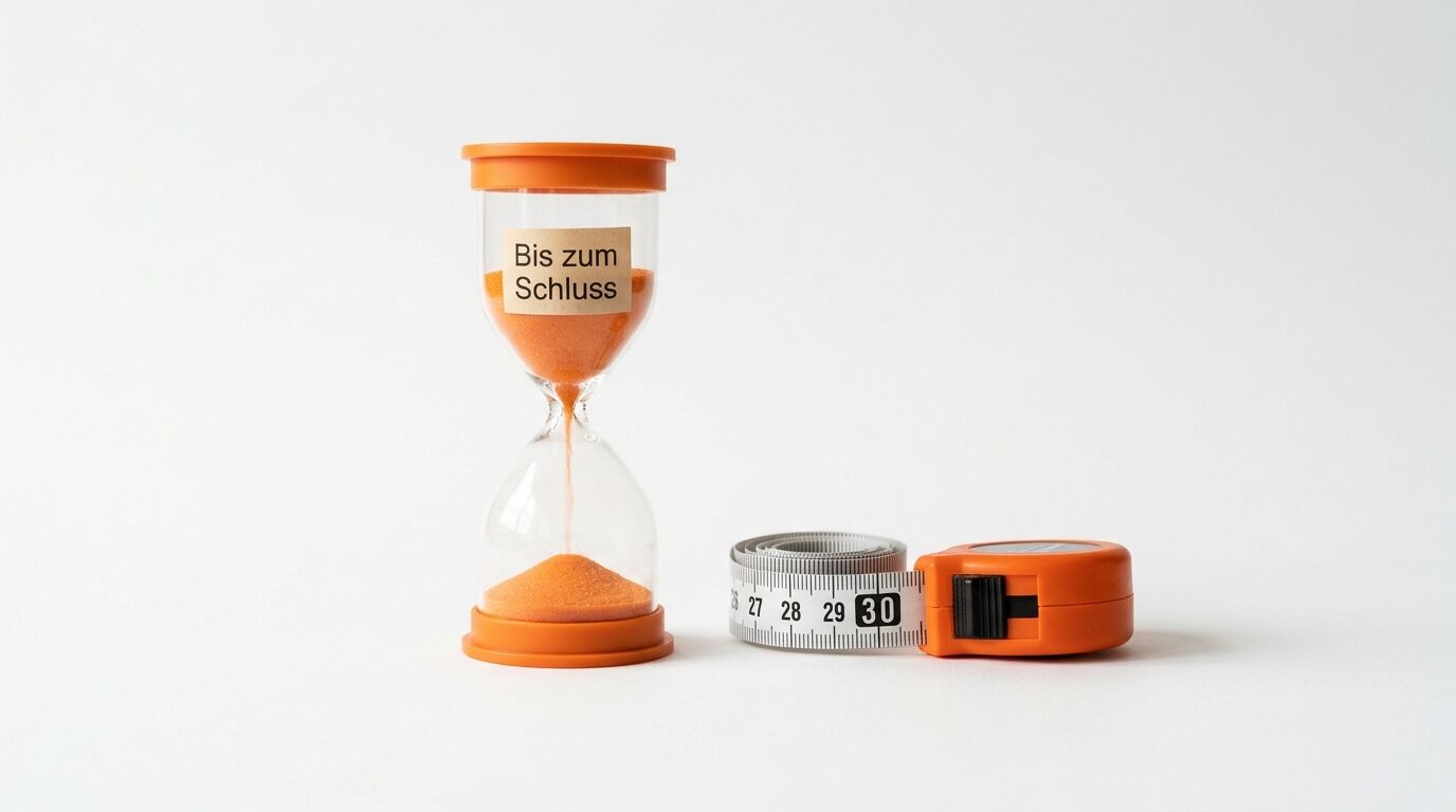 Sanduhr mit Text „Bis zum Schluss“ und Maßband auf weißem Hintergrund
