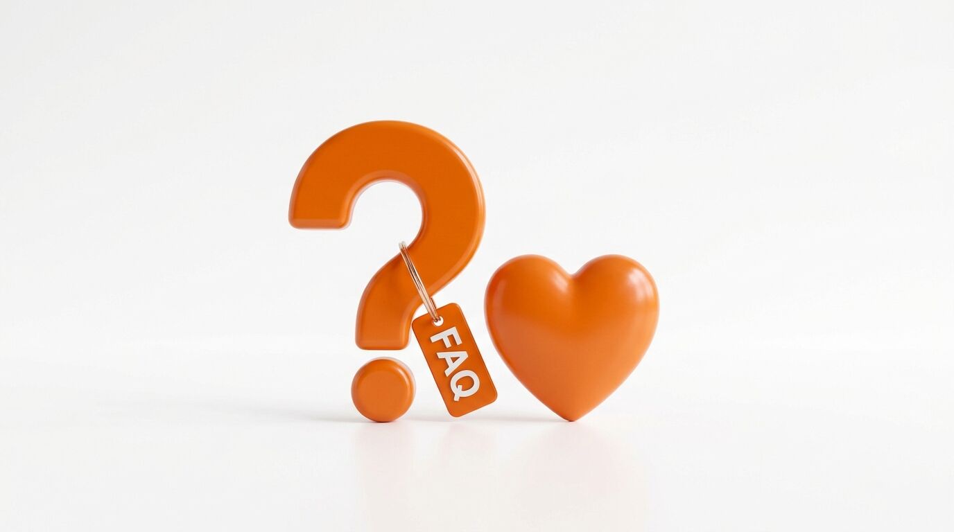Oranges Fragezeichen mit FAQ-Anhänger und oranges Herz vor weißem Hintergrund