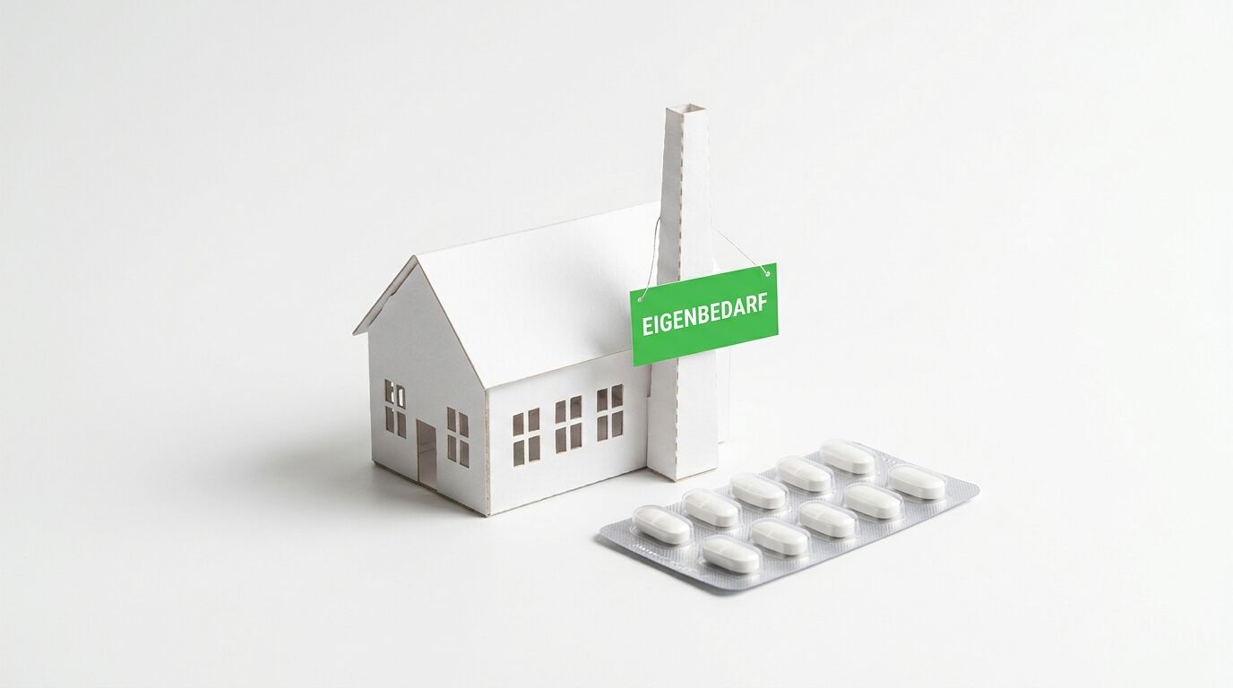 Modell eines Wohnhauses mit „EIGENBEDARF“-Schild und danebenliegender Tablettenblisterpackung