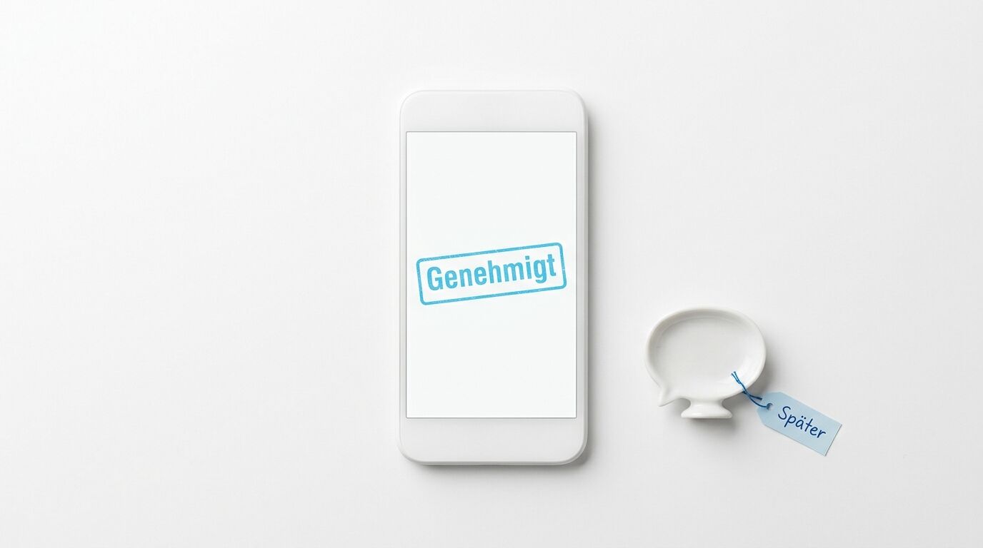Smartphone „Genehmigt“, daneben Schale mit Zettel „Später“ vor weißem Hintergrund