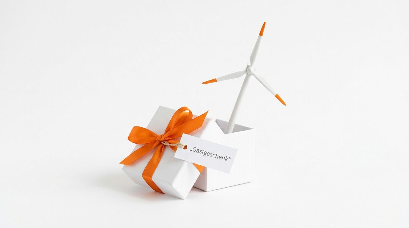 Modell-Windrad aus geöffnetem Geschenkkarton mit orangefarbener Schleife und Schild