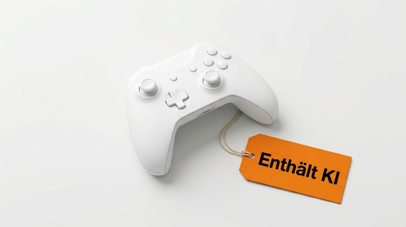 Weißer Gamecontroller mit orangefarbenem Anhänger und Aufschrift „Enthält KI“