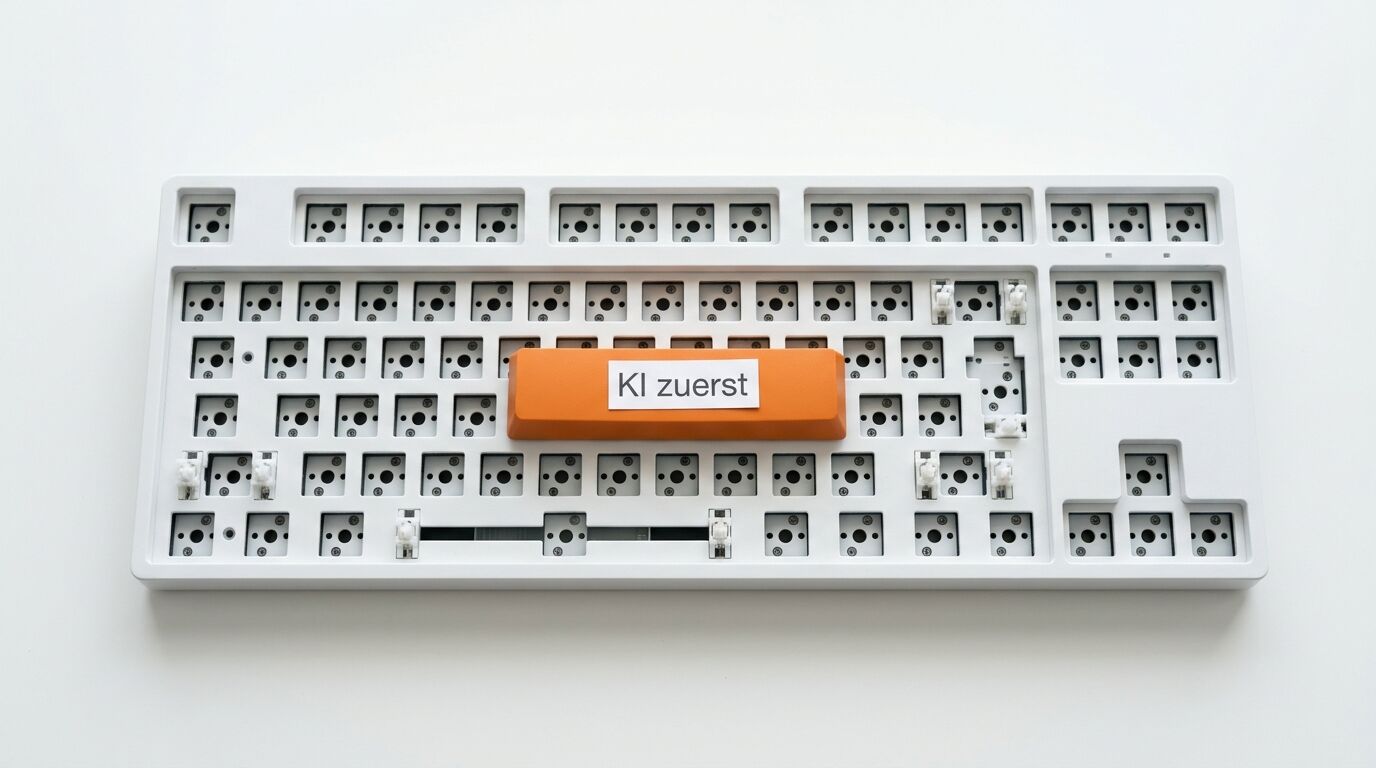 Tastatur-Gehäuse, eine Leertaste mit Schriftzug „KI zuerst“ darauf, neutraler Hintergrund