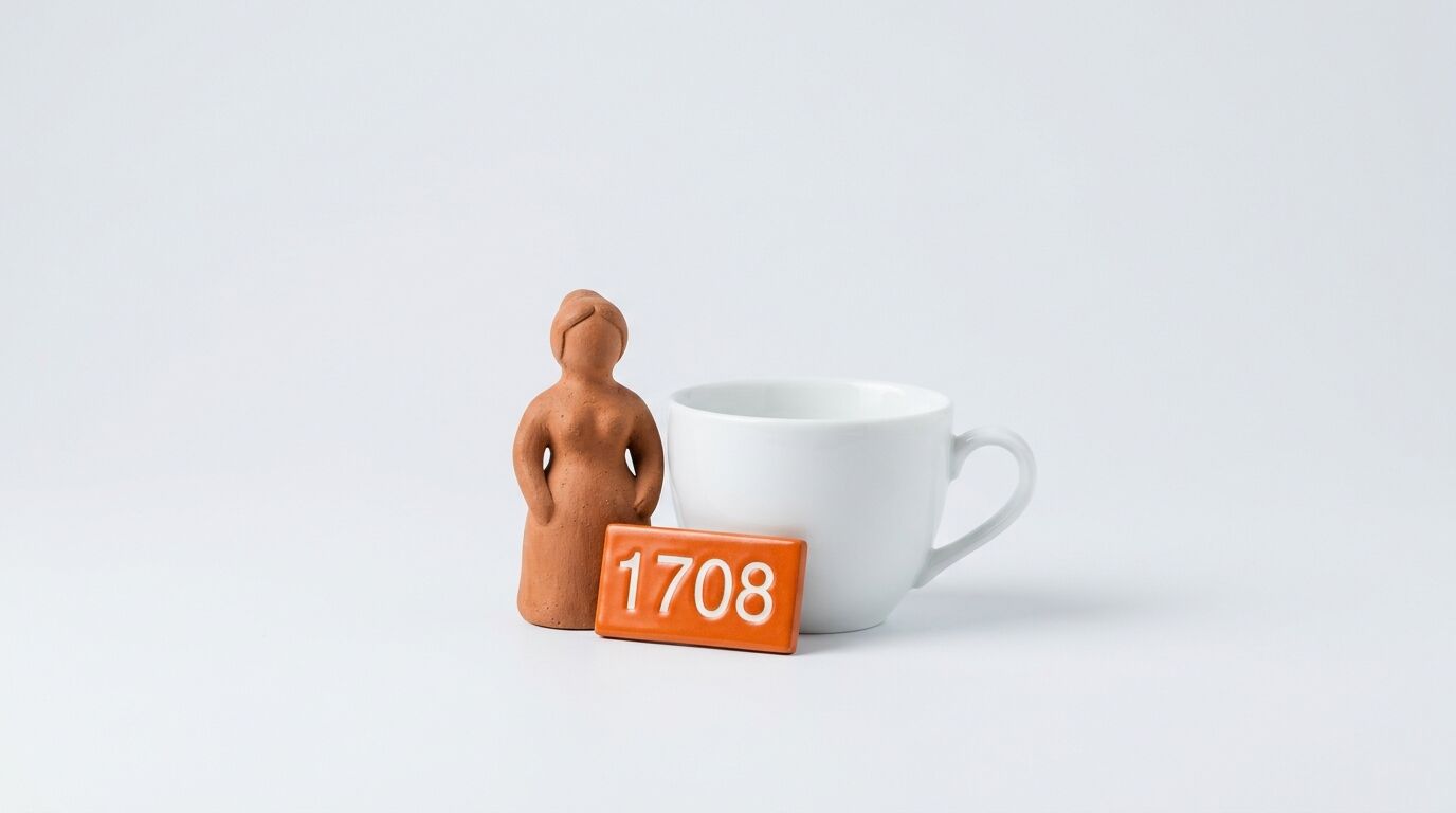 Kleine Tonfigur neben weißer Tasse und Plakette mit Nummer 1708