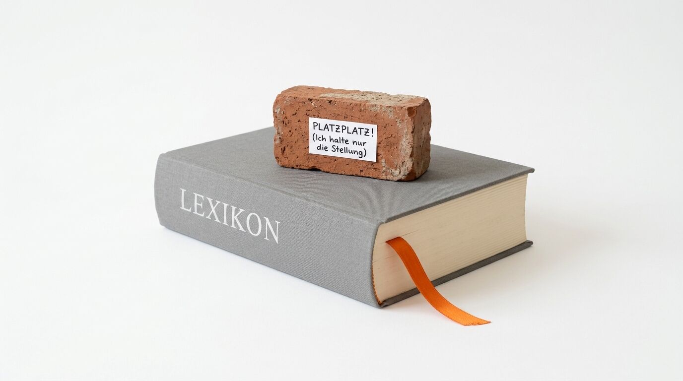 Ziegelstein mit handschriftlichem Zettel liegt auf grauem Lexikon vor weißem Hintergrund