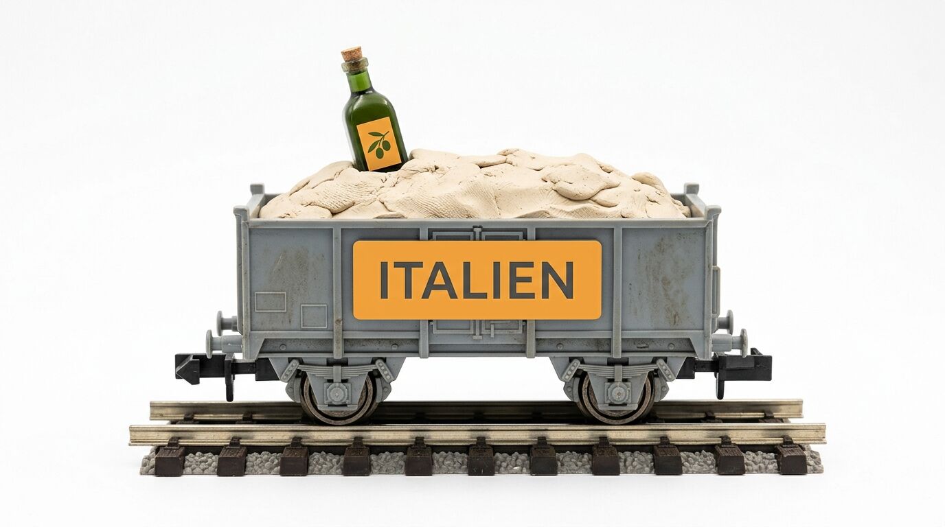 Modellgüterwagen auf Gleis, beladen mit Knete und Olivenölflasche, trägt Schild „Italien“