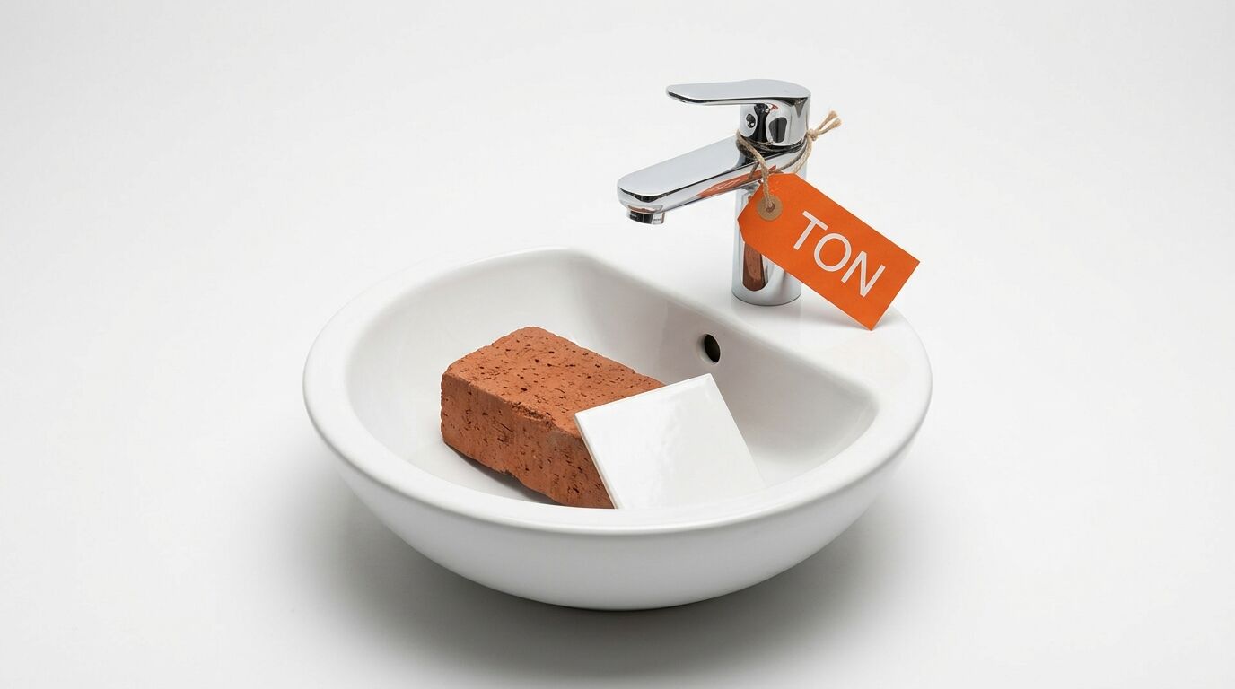 Waschbecken mit Ziegel, Fliese und 'TON' Schild am Hahn, vor weißem Grund