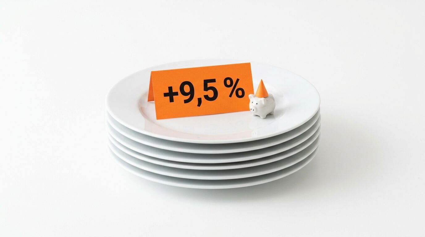 Tellerstapel mit orangefarbenem Aufsteller (+9,5 %) und kleinem Sparschwein auf weißem Grund