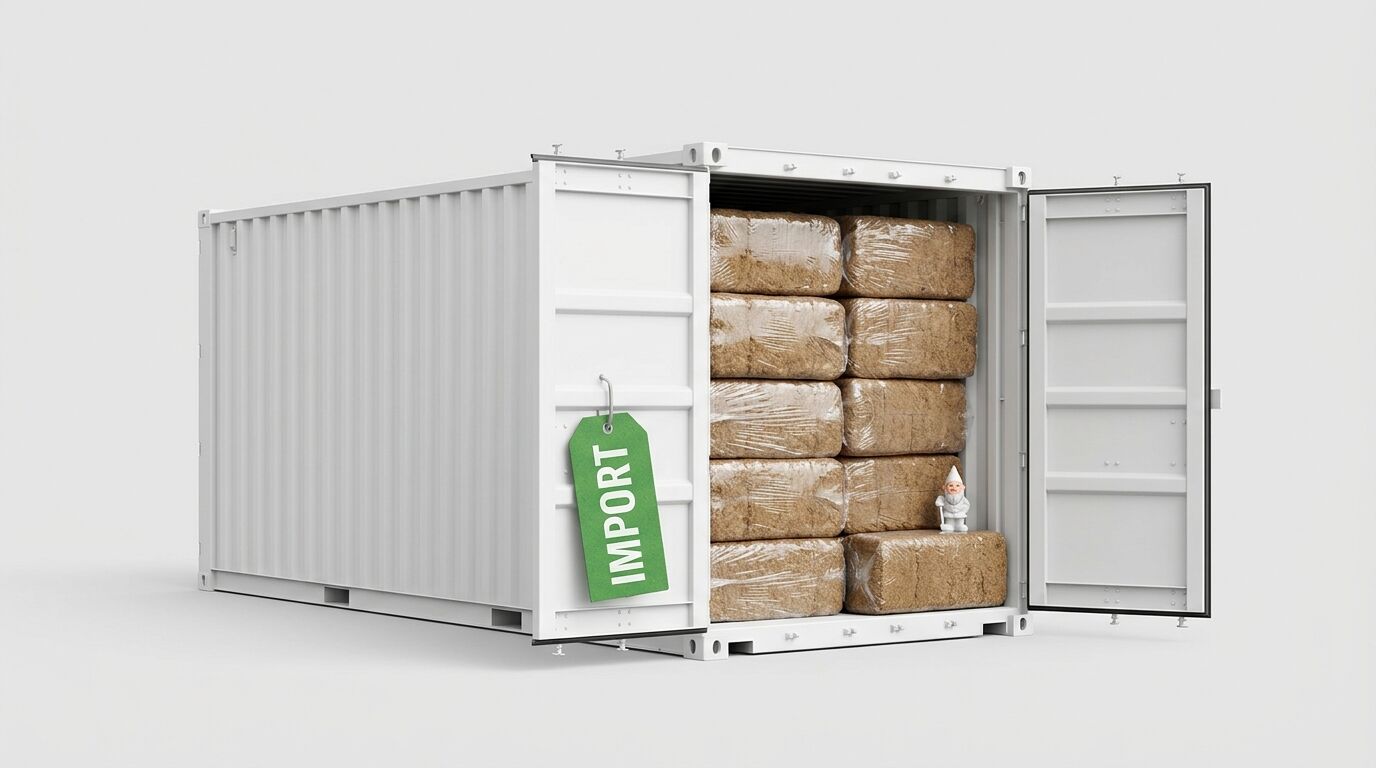 Geöffneter weißer Container mit Strohballen, Gartenzwerg und