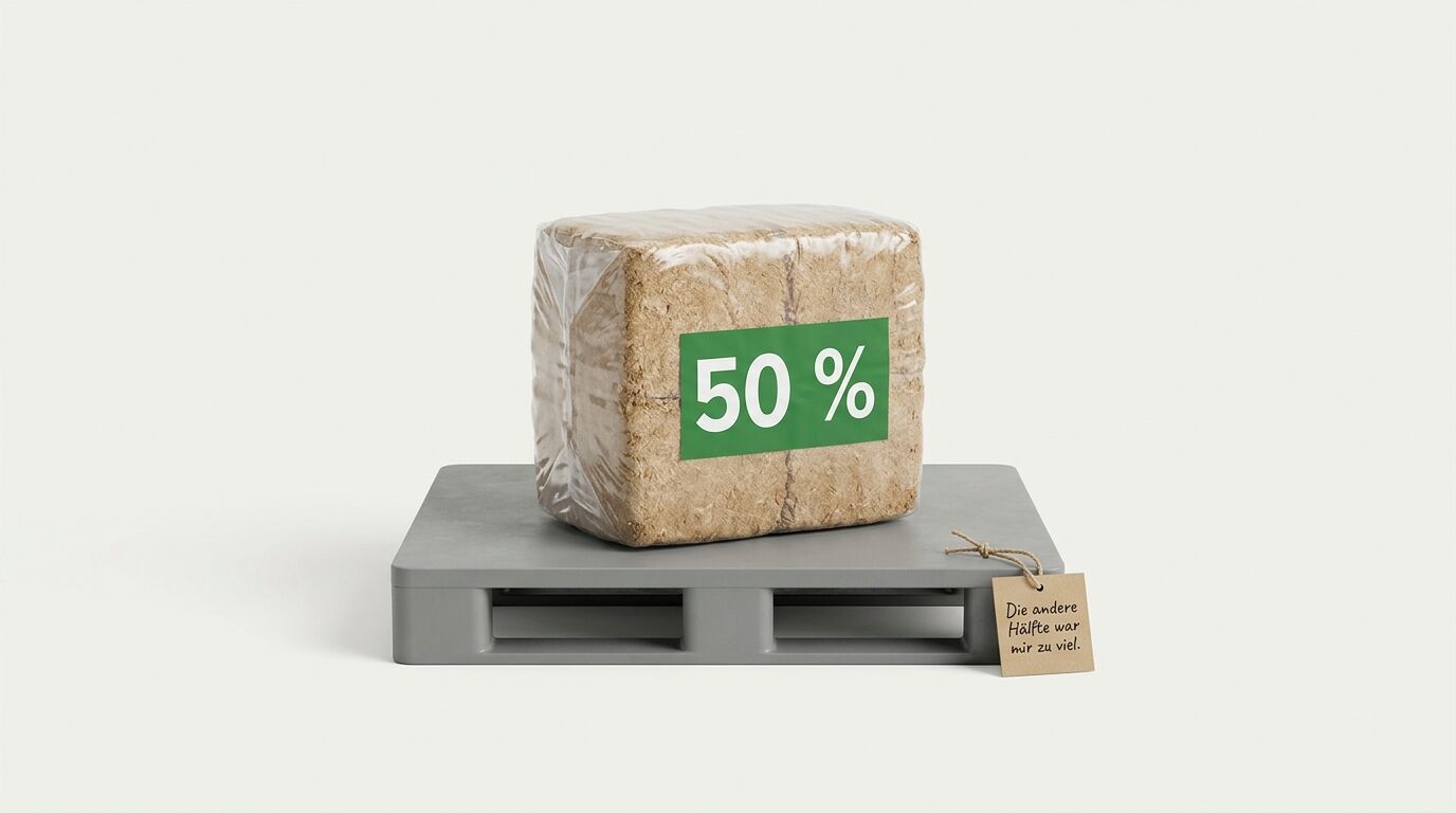 Verpacktes Stroh auf Palette mit grünem 50%-Aufkleber und Anhänger