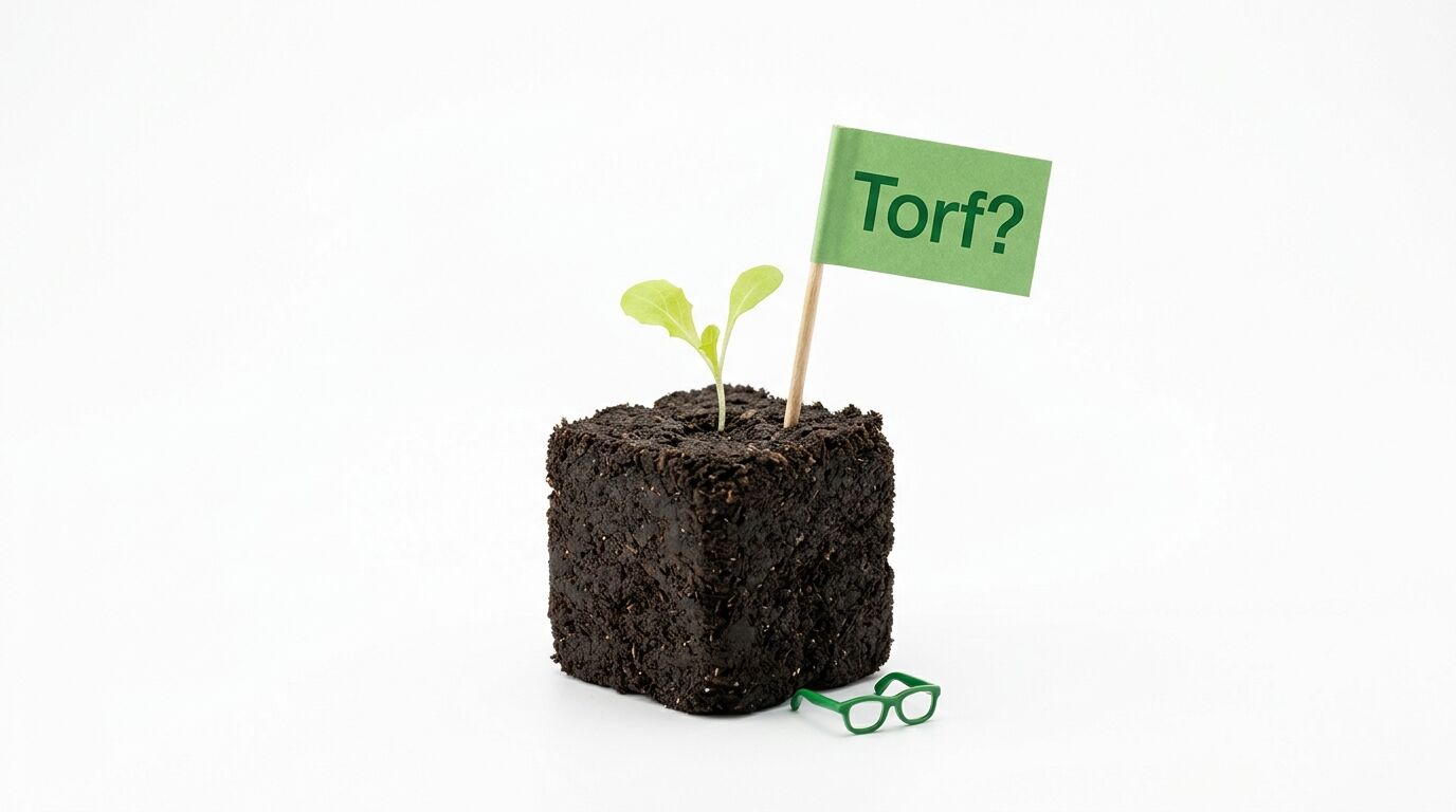 Erdwürfel mit Pflänzchen, grünem Fähnchen „Torf?“ und grüner Miniaturbrille auf weißem Grund