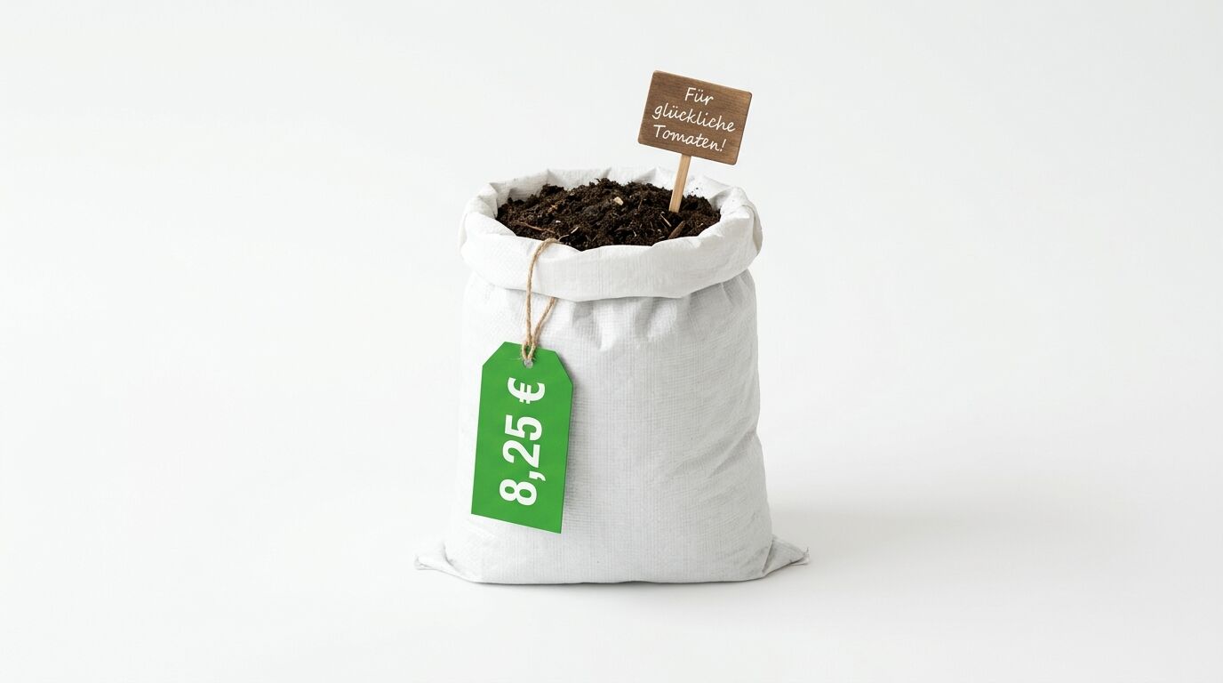 Weißer Sack Erde vor weißem Hintergrund mit Preisschild und Holzschild