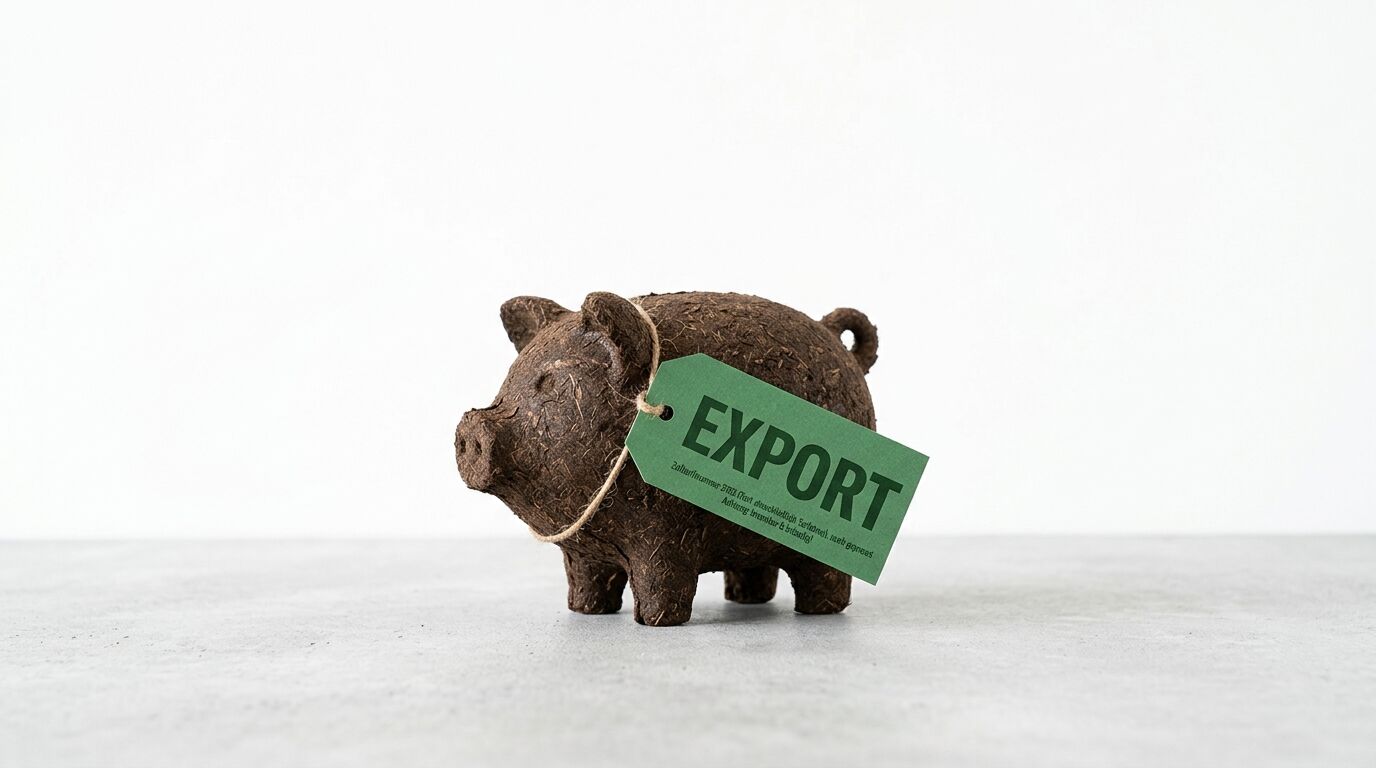 Sparschwein aus Torf mit grünem Anhänger „EXPORT“ und deutscher Zollangabe vor weißem Hintergrund