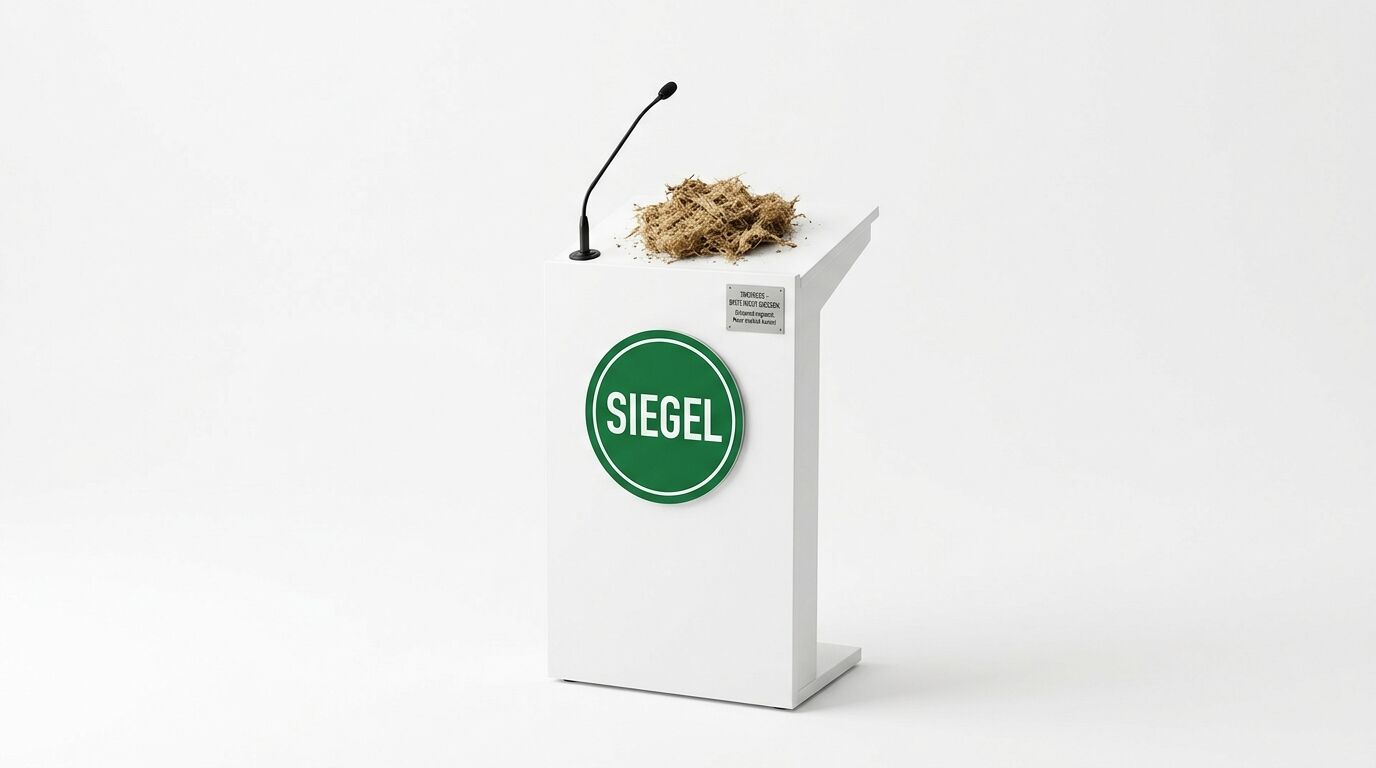 Pult mit Mikrofon, Heuhaufen und grünem Siegel mit weißer Schrift