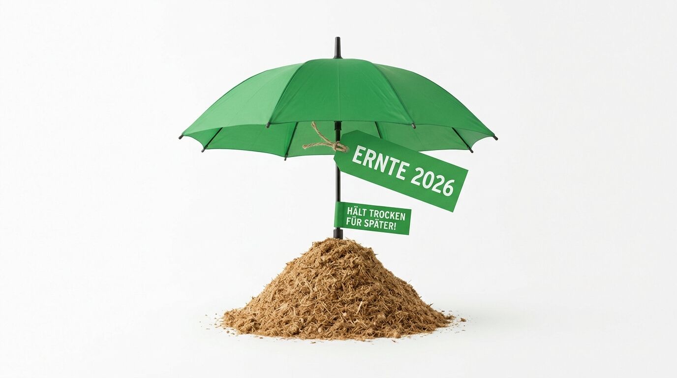Grüner Regenschirm über Heuhaufen mit Schildern „ERNTE 2026“ und „HÄLT TROCKEN FÜR SPÄTER“