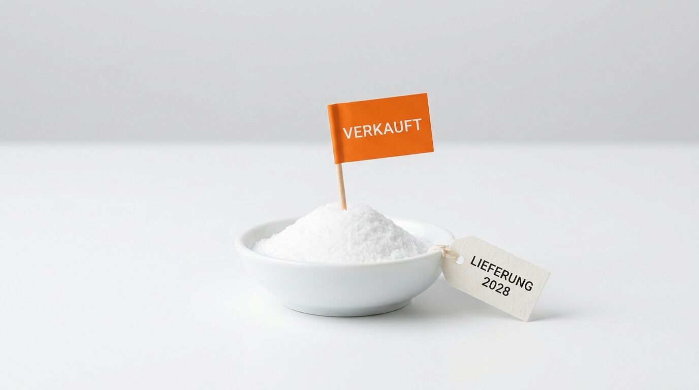 Schale mit Zucker, „VERKAUFT“-Fahne und „LIEFERUNG 2028“-Etikett vor hellem Hintergrund