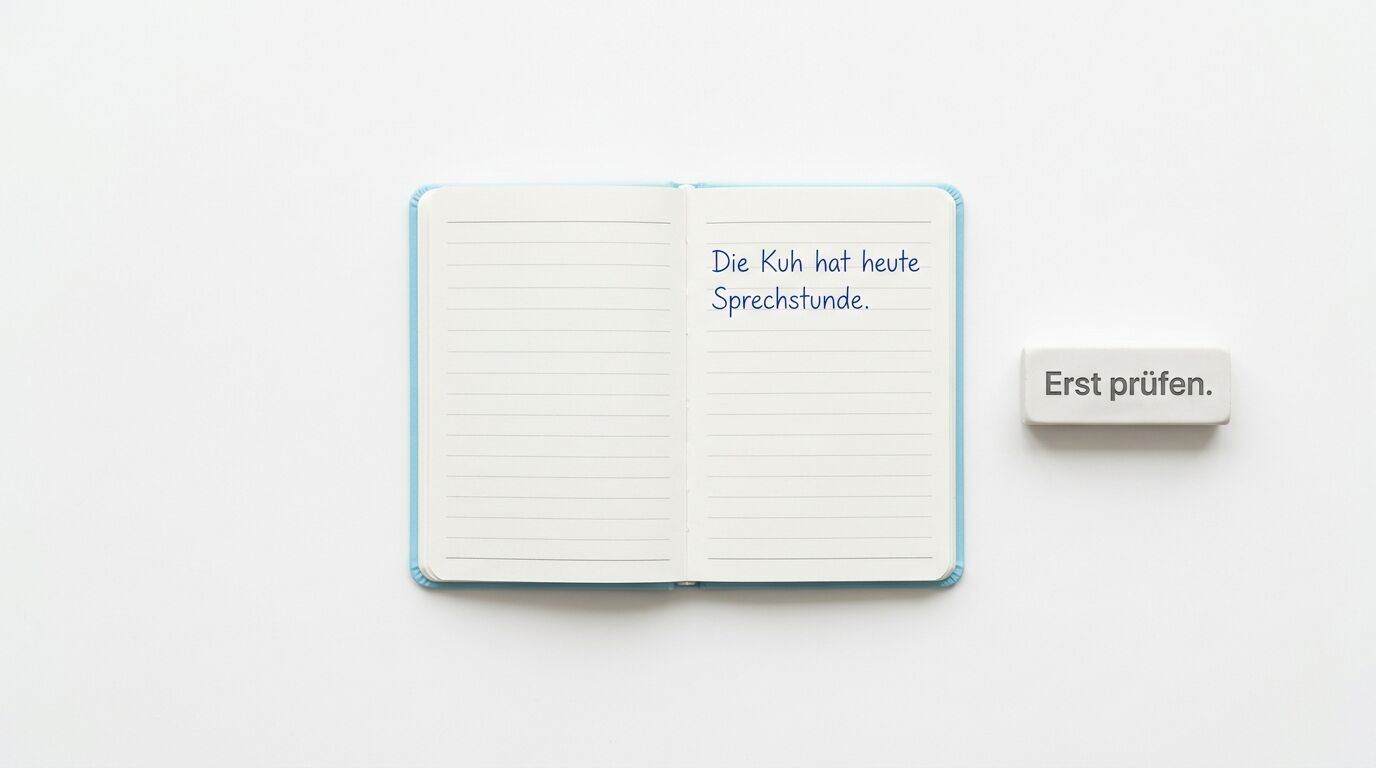 Ein aufgeschlagenes Notizbuch mit blauem Rand zeigt den handschriftlichen Text "Die Kuh hat heute Sprechstunde." Daneben liegt ein weißer Zettel mit "Erst prüfen."