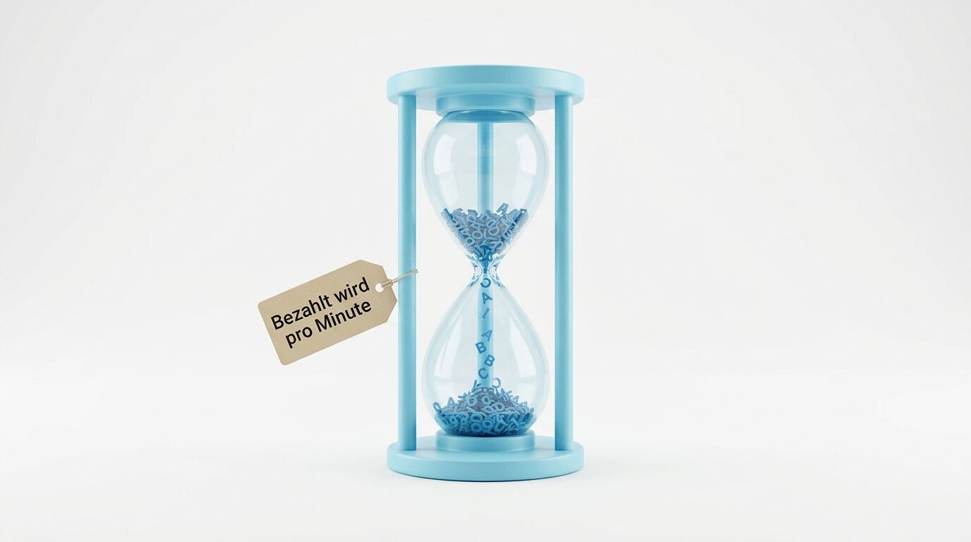 Blaue Sanduhr mit Kunststoffrahmen. Blaue Körner fließen durch die Mitte. Etikett "Bezahlt wird pro Minute"