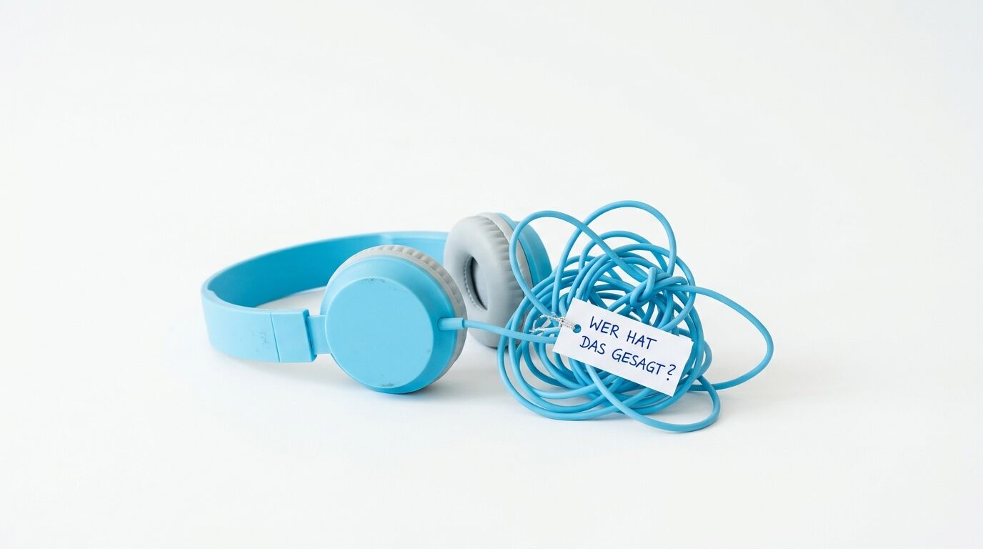 Blaue Kopfhörer mit gewundenem Kabel und Etikett "WER HAT DAS GESAGT?" auf weißem Hintergrund