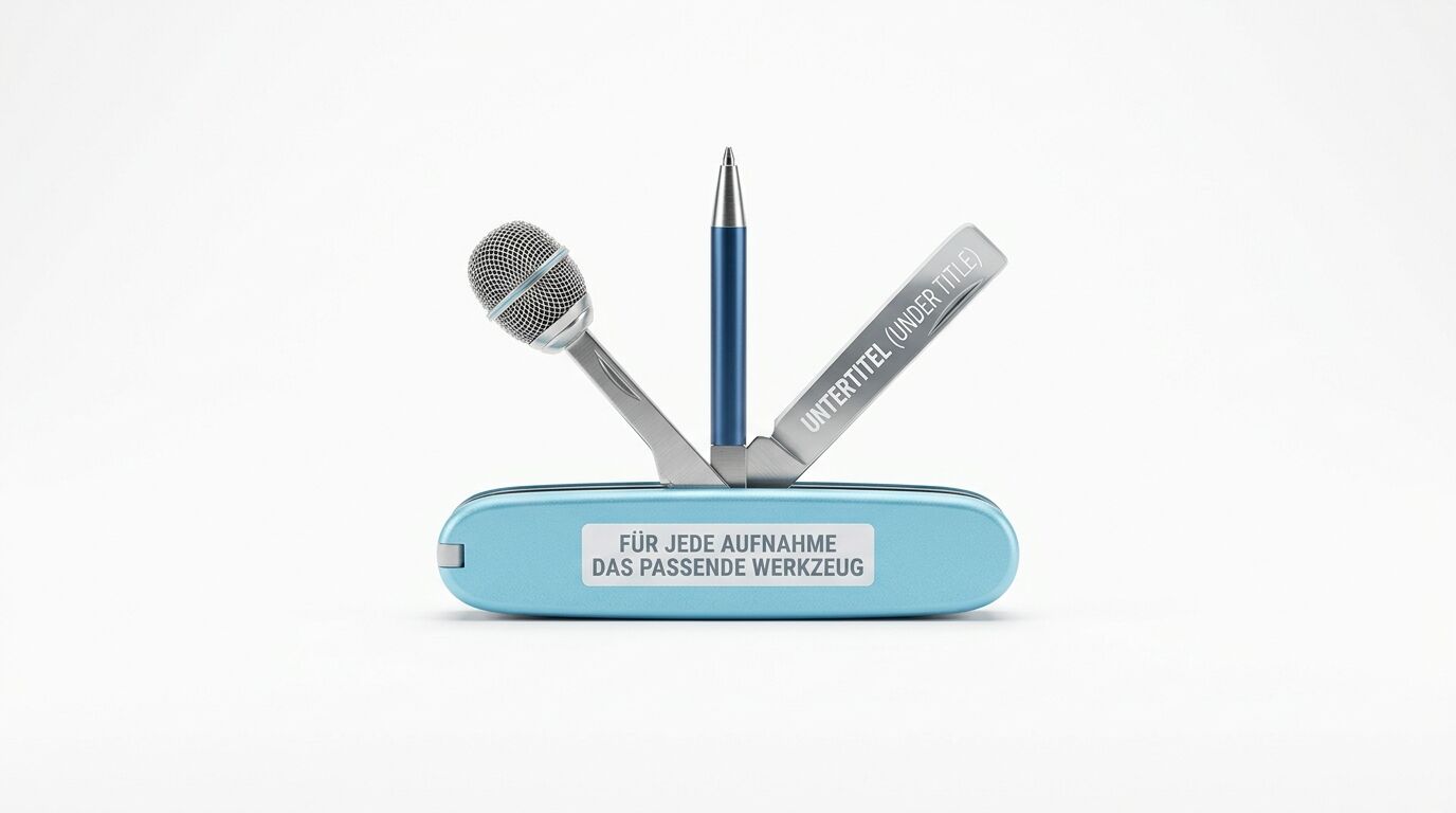 Schweizer Taschenmesser in Blau mit Mikrofon, Kugelschreiber und Untertitel-Tool als Werkzeuge