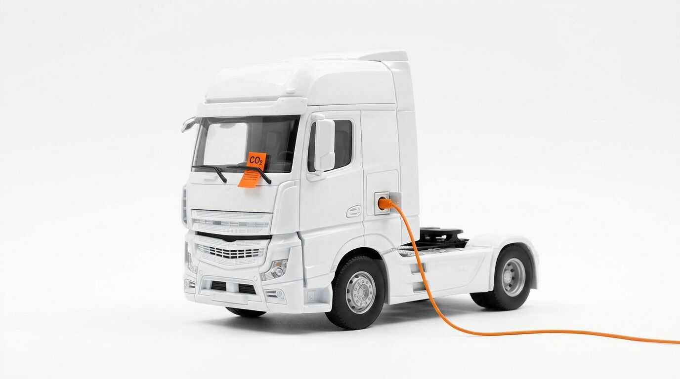 Weißer Modell-Lkw mit Ladekabel und CO2-Zettel auf Windschutzscheibe vor weißem Hintergrund