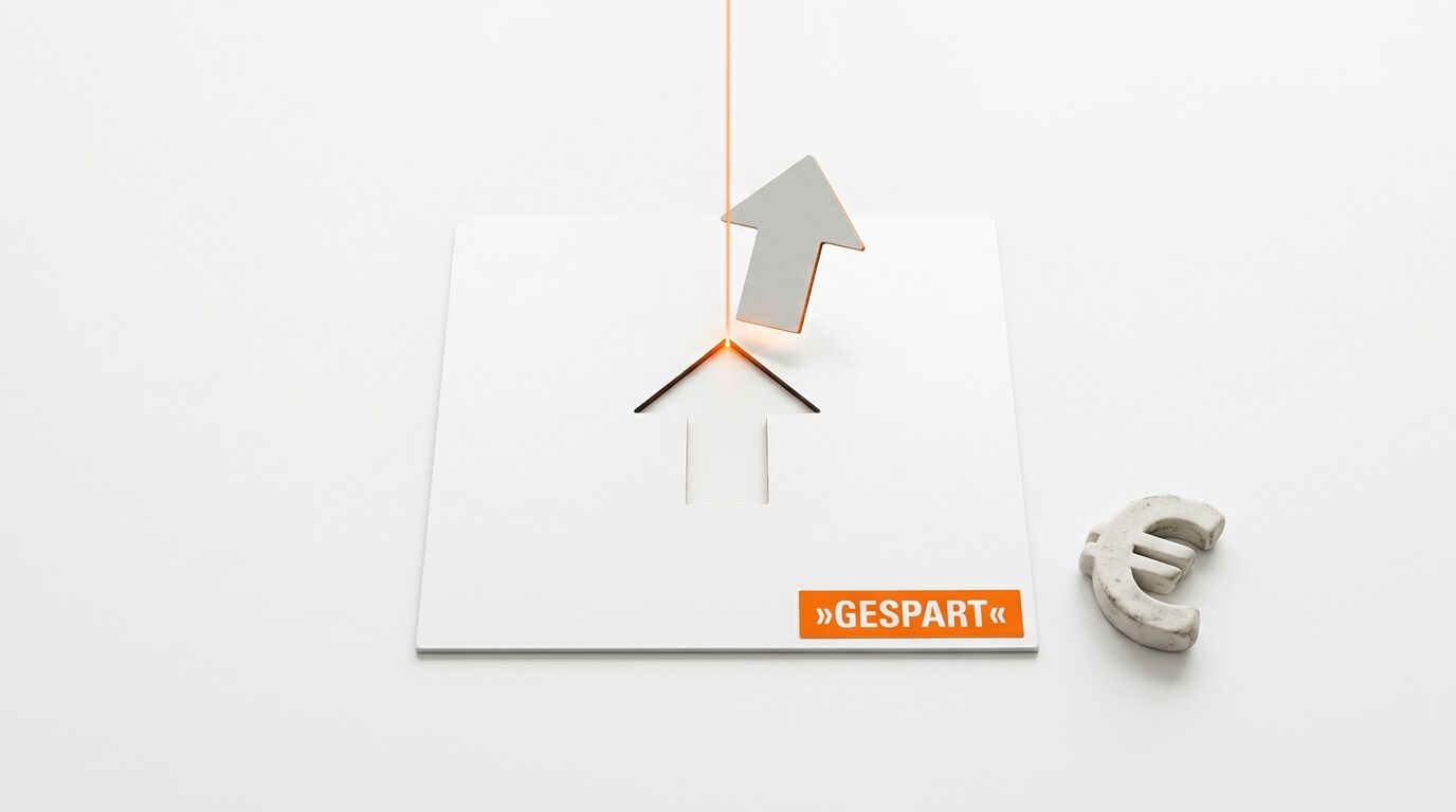 Konzeptbild: Ein Laser schneidet einen Aufwärtspfeil aus einer Platte mit „GESPART“ und Eurozeichen