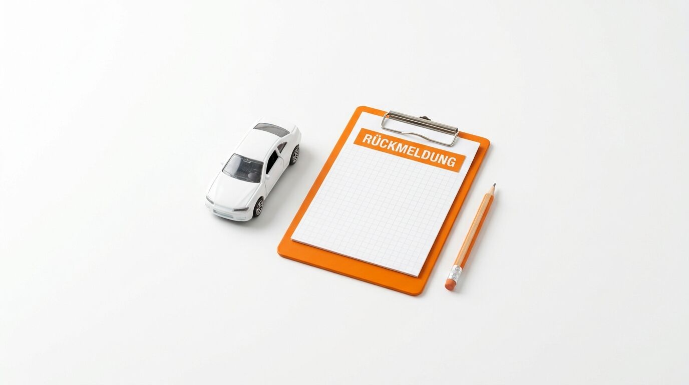 Oranges Klemmbrett mit Stift, beschriftet „RÜCKMELDUNG“ und ein Spielzeugauto auf weißem Grund