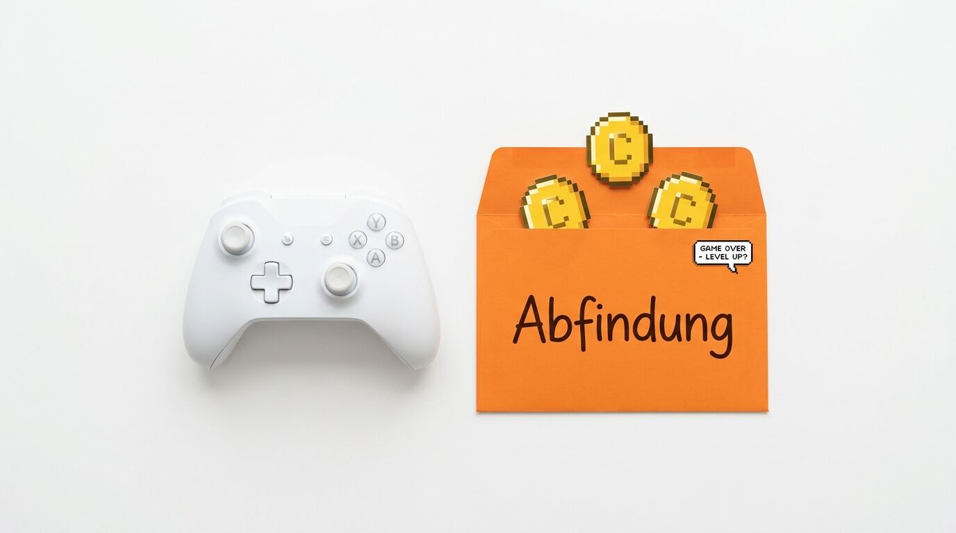 Gamepad links, rechter Umschlag mit Pixel-Münzen, Aufschrift „Abfindung“ und Sticker