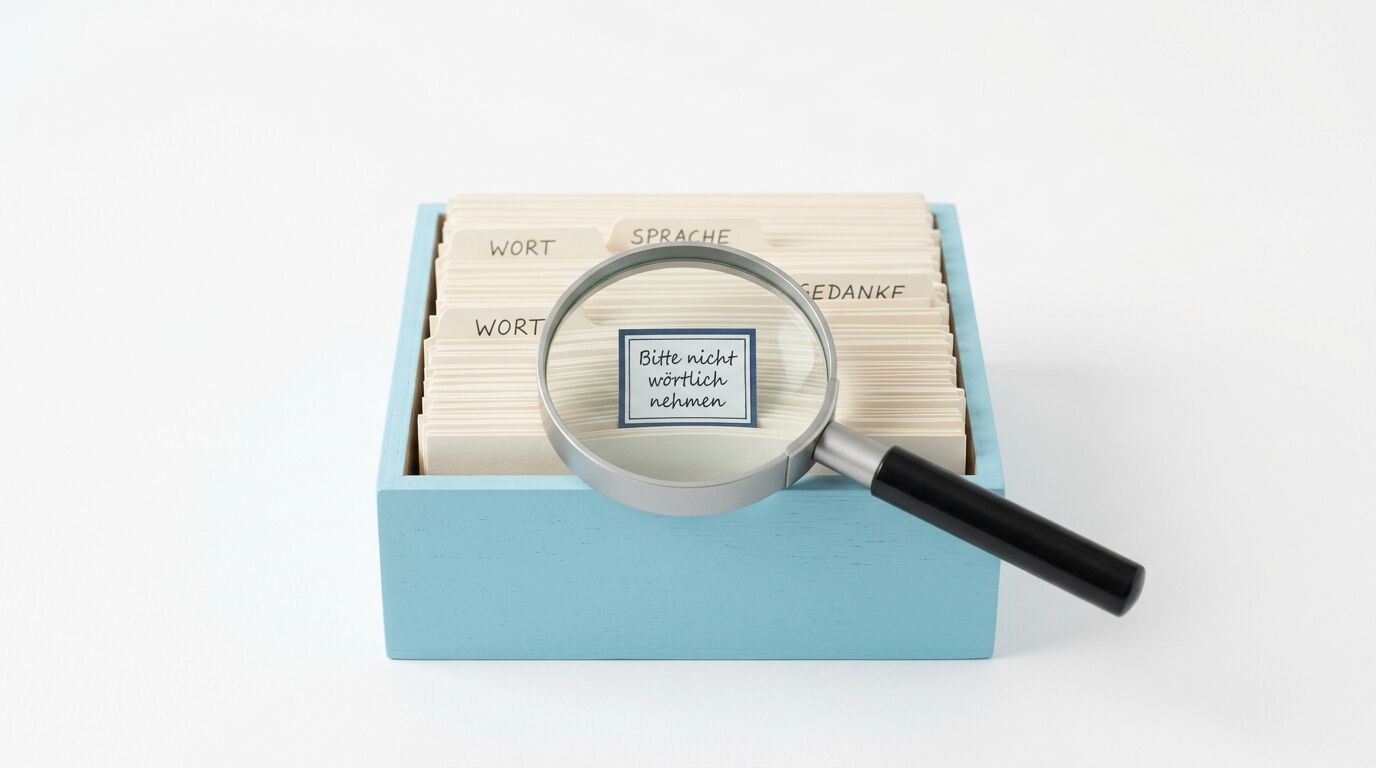 Karteikasten mit blauer Box, Karteikarten und Lupe. Karte zeigt "Bitte nicht wörtlich nehmen". Beschriftungen: Wort, Sprache, Gedanke