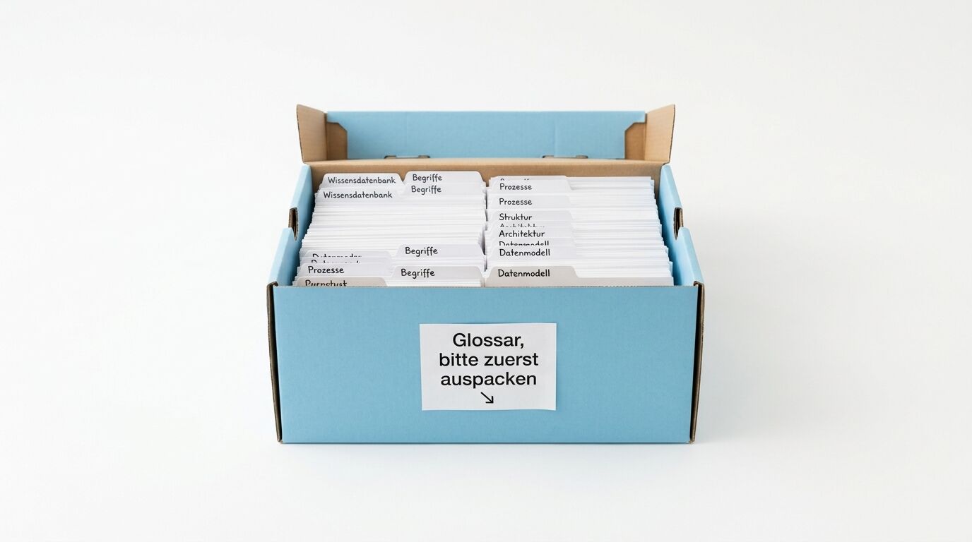 Blauer Karton mit Karteikartenboxen. Auf der Front steht "Glossar, bitte zuerst auspacken". Innen sind beschriftete Karteikarten sichtbar