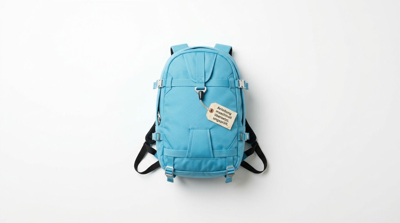 Hellblauer Rucksack mit schwarzen Schultergurten und Etikett, frontal auf weißem Hintergrund fotografiert