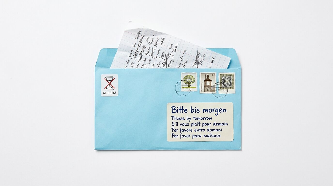 Hellblauer Briefumschlag mit Marken, "Gestress"-Stempel und Aufkleber "Bitte bis morgen" in mehreren Sprachen